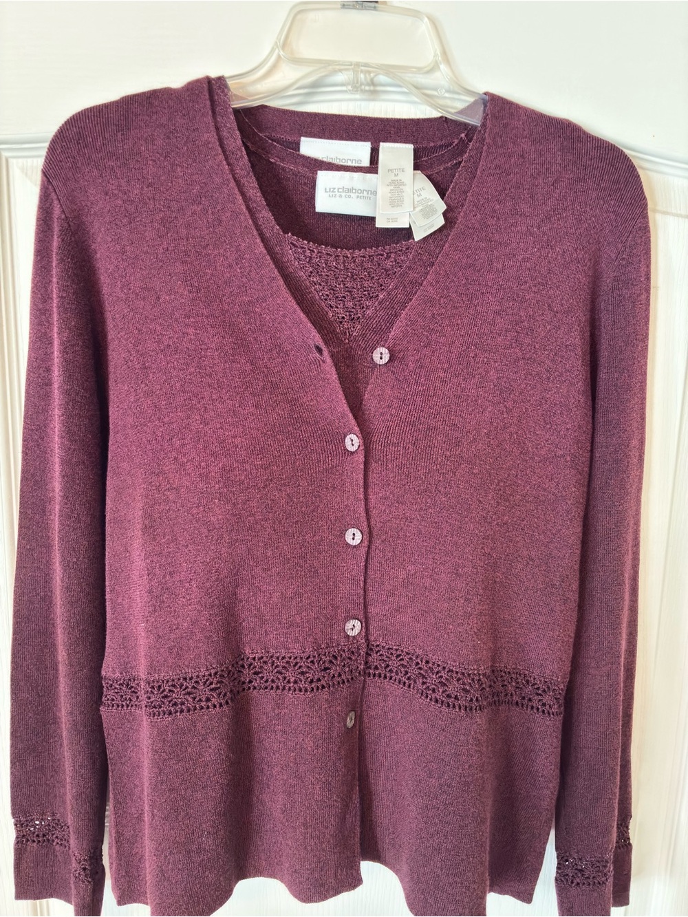 Liz Claiborne Wmns Petite Plum V-Neck Button Cardigan Sweater + Shell- Medium